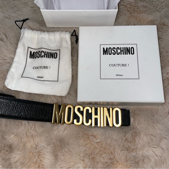 Moschino Couture Black Leather W Gold Textured Logo Belt Size 48 Waist 28-32 - Picture 3 of 16
